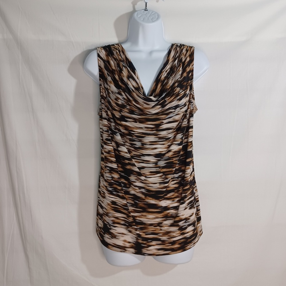 Women's Calvin Klein Cowl Neck Sleeveless‎ Brown Black & White Blouse Size Large